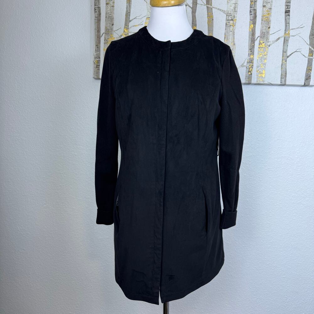 H by Halston Faux Suede Sweater Jacket Full Zip Knit Sleeves Black 6